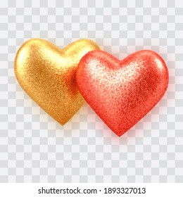 Abstract 3D realistic gold and red balloon hearts with glitter texture isolated on transparent background. Valentines day luxury decoration. Vector illustration.