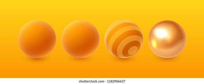 Abstract 3d realistic spheres set. Vector illustration of geometric primitives collection. Decoration elements for design. Orange shapes textured with geometric patterns.