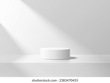 Abstract 3D realistic white cylinder podium pedestal background with natural lighting wall scene. Minimal mockup or product display presentation, Stage for showcase. Platforms vector geometric design.