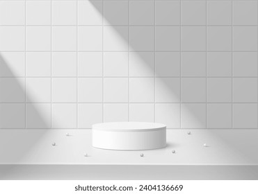 Abstract 3D realistic white cylinder podium pedestal background with natural lighting on tile wall scene. Minimal mockup product display presentation, Stage showcase. Platforms vector geometric design