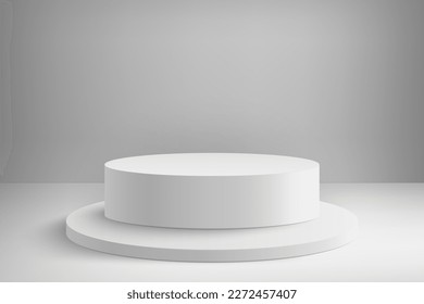 Resumen de podiums redondos blancos reales en 3D. Escena mínima para la presentación del producto. Concepto de la ceremonia de premiación. Escena abstracta con podio cilíndrico. Plataforma de formas geométricas
