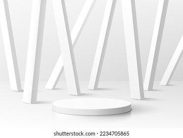 Abstract 3D realistic white, gray cylinder pedestal podium with overlap vertical cube pillars background. Minimal wall scene for mockup product display. Vector geometric forms. Round stage showcase.