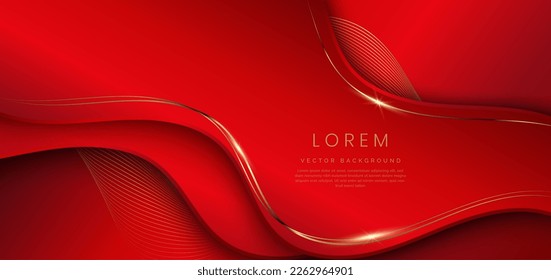 Abstract 3d red background with gold lines curved wavy sparkle with copy space for text. Luxury style template design. Vector illustration