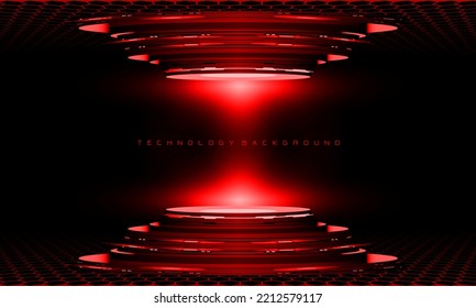 Abstract 3D red cyber geometric cyber futuristic technology stage on black design modern background vector illustration.