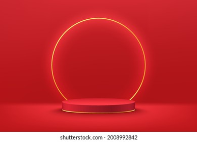 Abstract 3D red cylinder pedestal or podium with glowing gold neon ring. Dark red minimal wall scene for cosmetics product display presentation. Vector rendering geometric platform design.