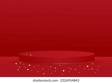 Abstract 3D red cylinder pedestal or podium with glowing gold confetti. Dark red minimal wall scene for cosmetics product display presentation. Vector rendering geometric platform design.