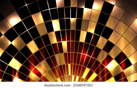 Abstract 3d red and gold, glass, metal, mosaic background. Multicolor gold abstract lights disco background square pixel mosaic. Disco ball. Casino gambling banner concept backdrop. Vector EPS10.