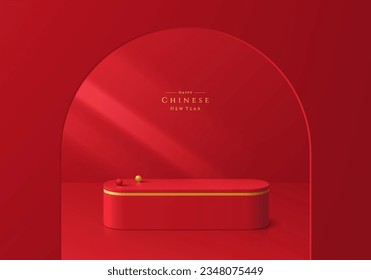 Abstract 3D red golden round pedestal podium background in arch gate. Chinese new year scene concept. Minimal mockup or product display presentation, Stage showcase. Platforms vector geometric design.