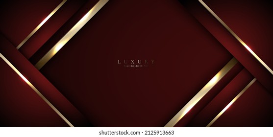 Abstract 3D red and golden stripes triangles shapes with shiny gold lines lighting effect on dark background banner template luxury style. Vector illustration