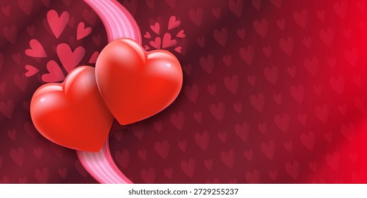 Abstractas corazones rojos 3D sobre fondo ondulado elegante con patrón de Formas de corazón, concepto creativo de amor y pasión por el Anuncio de saludo romántico. Dos corazones rojos