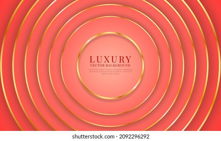 Abstrakter 3D-roter Luxus-Hintergrund überschneidet Schichten auf hellem Raum mit goldenen Kreise Effekt Dekoration. Modernes Vorlagenelement-Zukunftskonzept für Flyer, Karten, Cover, Broschüren oder Landing-Page
