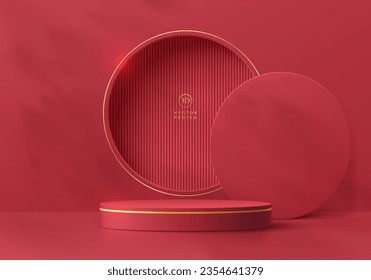 Abstract 3D red pink cylinder pedestal podium background with round window and leaf shadow wall scene. Minimal mockup product display presentation, Stage showcase. Platforms vector geometric design.