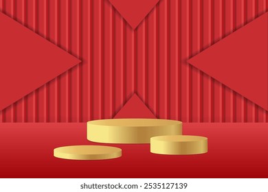 Abstractas fondo de podio rojo 3D. Maqueta minimalista moderna para presentación de productos. Podio de pedestal de cilindro rojo realista. Escaparate geométrico con espacio de copia. 