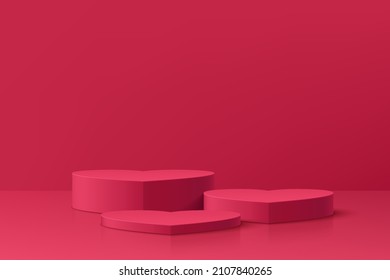Abstract 3D red room with realistic pedestal podium group heart shape. Minimal scene for valentine product display presentation. Vector rendering geometric platform. Stage for showcase. EPS10 Vector