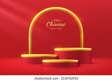 Abstract 3D red room with set of realistic red and golden luxury cylinder pedestal podium. Minimal scene for product display presentation. Geometric forms. Stage for showcase. Chinese new year concept