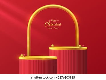 Abstract 3D Red Room With Set Of Realistic Red, Golden Luxury Steps Cylinder Stand Podium. Minimal Scene For Product Display Presentation. Geometric Forms. Stage For Showcase. Chinese New Year Concept