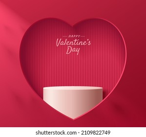 Abstract 3D red room with white cylinder pedestal or stand podium in hearth shape window. Valentine day minimal scene for product display presentation. Vector geometric rendering platform design. - Shutterstock ID 2109822749
