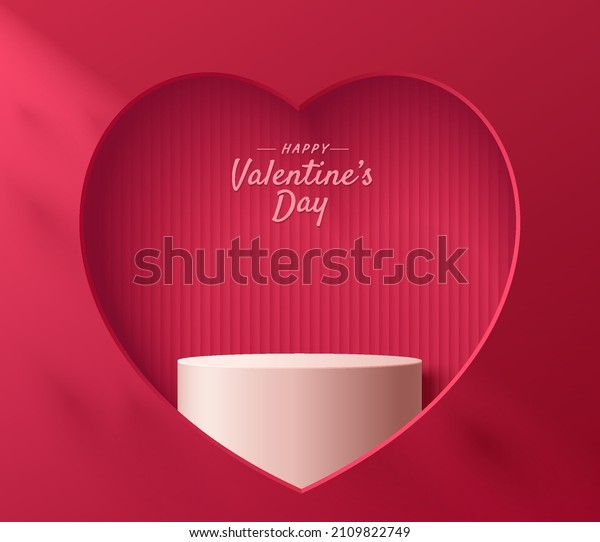 Abstract 3D red room with white cylinder pedestal\
or stand podium in hearth shape window. Valentine day minimal scene\
for product display presentation. Vector geometric rendering\
platform design.