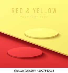 Abstract 3D red and yellow cylinder pedestal podium on red and yellow contrast background with copy space. Vector rendering minimal geometric platform design for cosmetic product display presentation.