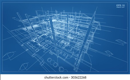 Renderización Abstractas en 3D de la estructura de estructura de alambre de construcción. Idea gráfica de construcción de Vector.