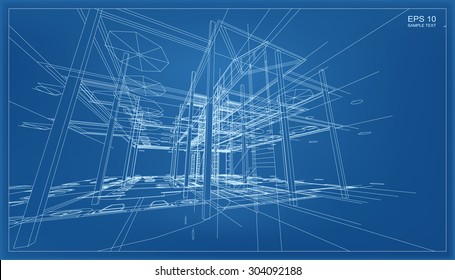 Abstract 3D render of building wireframe structure. Vector construction graphic idea.