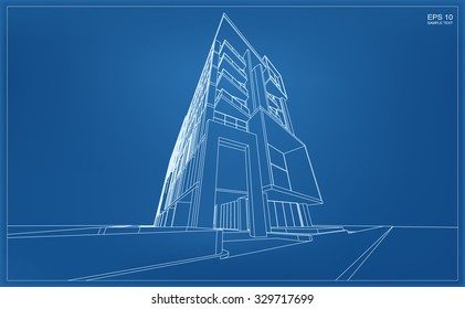 Abstract 3D render of building wireframe. Vector illustration