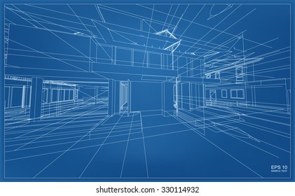 Abstract 3D render of building wireframe structure. Vector construction graphic idea.