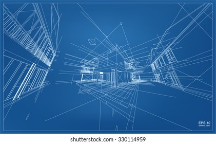 Abstract 3D render of building wireframe structure. Vector construction graphic idea.