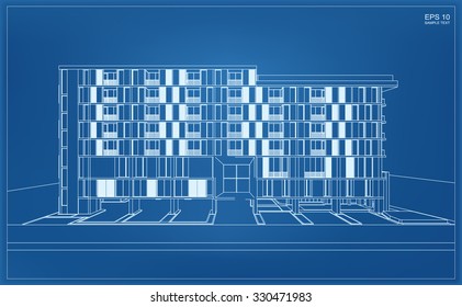 Abstract 3D render of building wireframe. Vector illustration