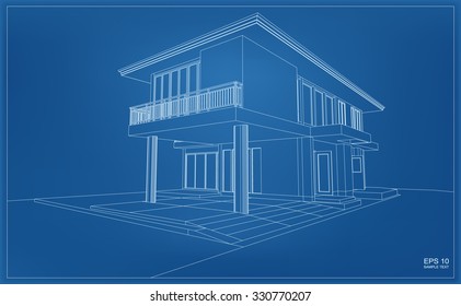 Abstract 3D render of building wireframe structure. Vector house construction graphic idea.