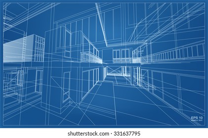 Abstract 3D render of building wireframe structure. Vector house construction graphic idea.