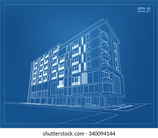 Abstract 3D render of building wireframe. Vector illustration.