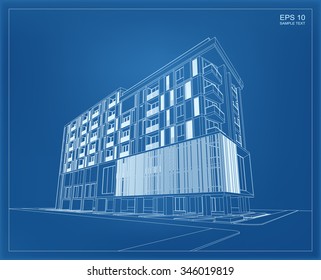 Abstract 3D render of building wireframe. Vector schematic design of architecture with blueprint background.