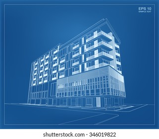 Abstract 3D render of building wireframe. Vector schematic design of architecture with blueprint background.