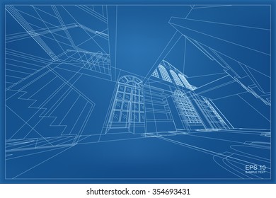 Abstract 3D render of building wireframe space. Vector construction graphic idea.
