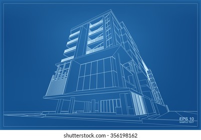 Abstract 3D render of building wireframe. Vector architectural construction graphic idea.