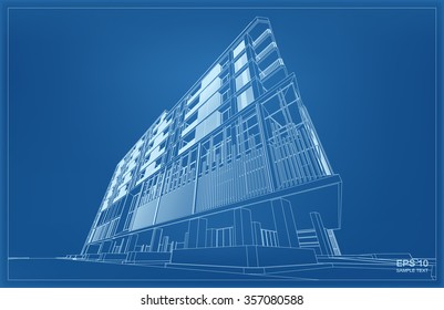 Abstract 3D render of building wireframe. Vector architectural construction graphic idea.