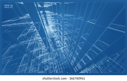 Abstract 3D render of building wireframe structure. Vector architectural construction graphic idea.