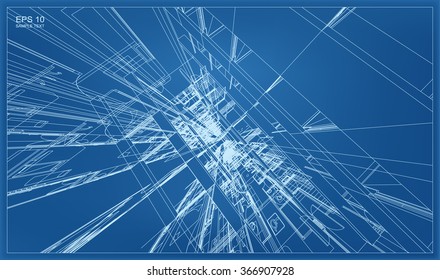 Abstract 3D render of building wireframe structure. Vector architectural construction graphic idea.