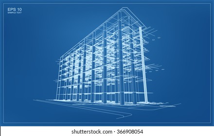 Abstract 3D render of building wireframe. Vector architectural construction graphic idea.
