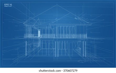 Abstract 3D render of building wireframe structure. Vector construction graphic idea.