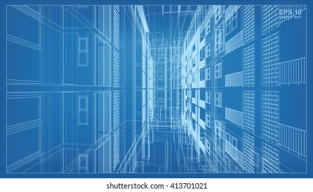 Abstract 3D render of building wireframe structure. Vector architectural construction graphic idea.