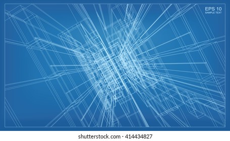 Abstract 3D render of building wireframe structure. Vector construction graphic idea.