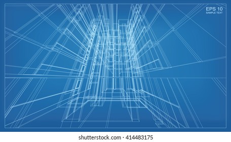 Abstract 3D render of building wireframe structure. Vector construction graphic idea.
