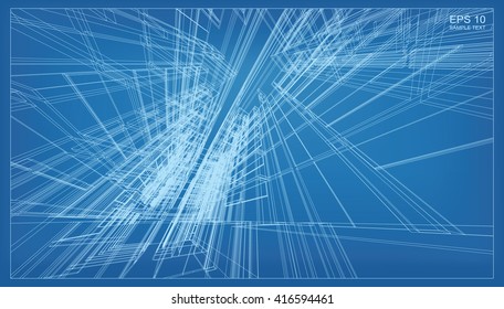 Abstract 3D render of building wireframe structure. Vector construction graphic idea.