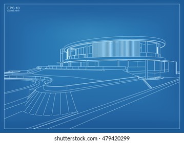 Abstract 3D render of building wireframe structure. Vector construction graphic idea for template design.