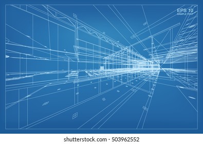 Abstract 3D render of building wireframe structure. Vector construction graphic idea.