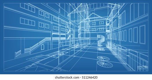Abstract 3D render of building wireframe structure. Vector architectural construction graphic idea.