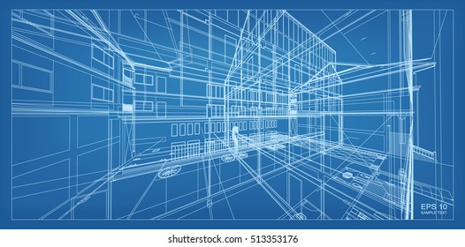 Abstract 3D render of building wireframe structure. Vector architectural construction graphic idea.
