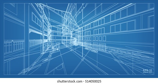 Abstract 3D render of building wireframe structure. Vector architectural construction graphic idea.
